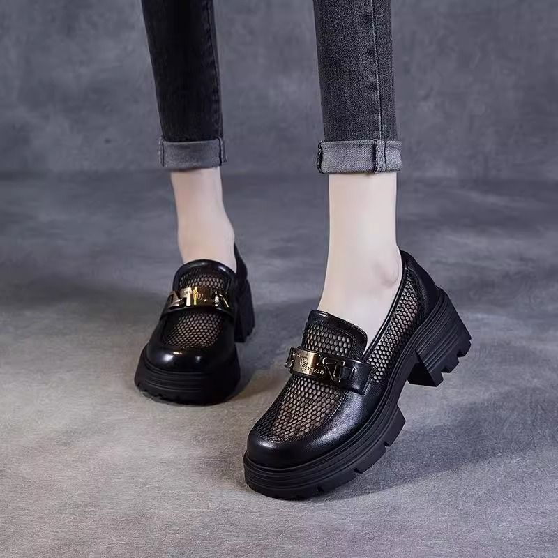 Zapatos Lofu de suela gruesa de malla para mujer 2025 nuevos zapatos de mujer de un solo pedal estilo de verano zapatos de cuero de estilo británico zapatos individuales huecos