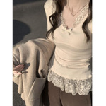 纯欲蕾丝边下摆长袖上衣女初秋季2025新款收腰显瘦针织正肩打底衫