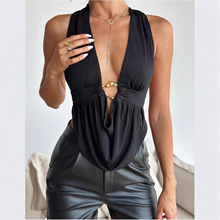 亚马逊外贸欧美女装2025纯色挂脖性感深V露背心外穿短款夜店上衣