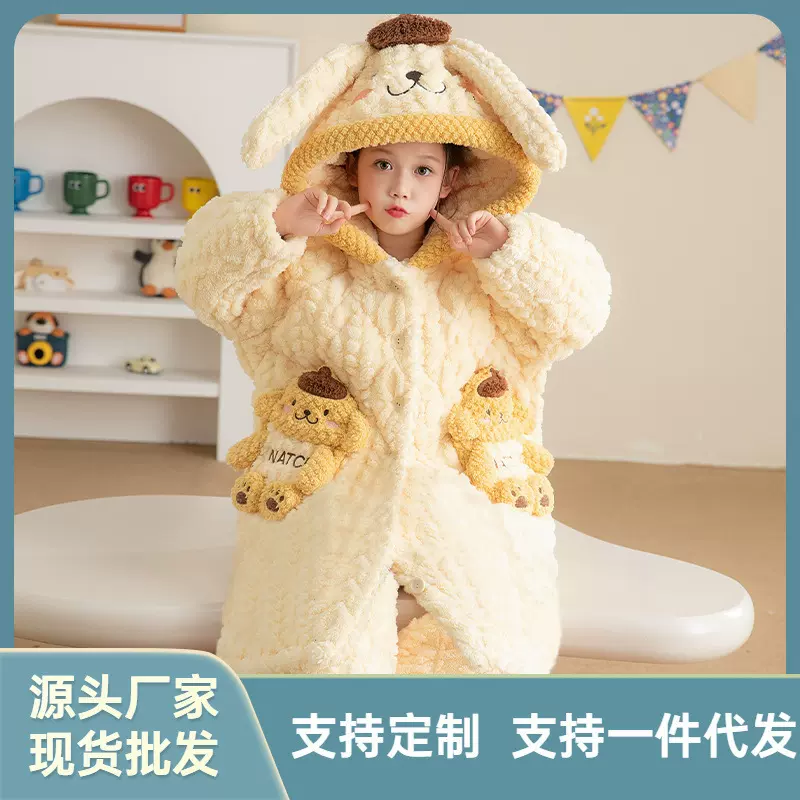 女童睡衣冬季新款三层夹棉加厚加绒保暖大童珊瑚绒卡通甜美可爱
