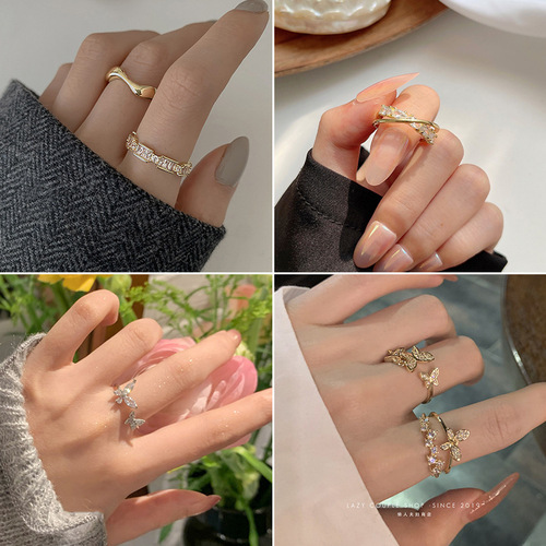 Micro-paved zircon ring ins trendy Japanese and Korean niche internet celebrity light luxury simple cold style open index finger ring tail ring for women