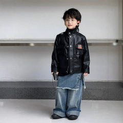 男童套装春秋外套2025新款韩版儿童机车皮衣徽章皮夹克一件代发潮