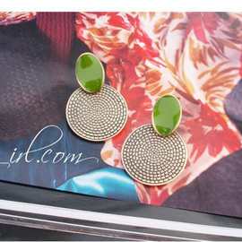 精美欧美时尚 复古滴油绿色圆形雕花耳钉 耳饰 配饰厂家