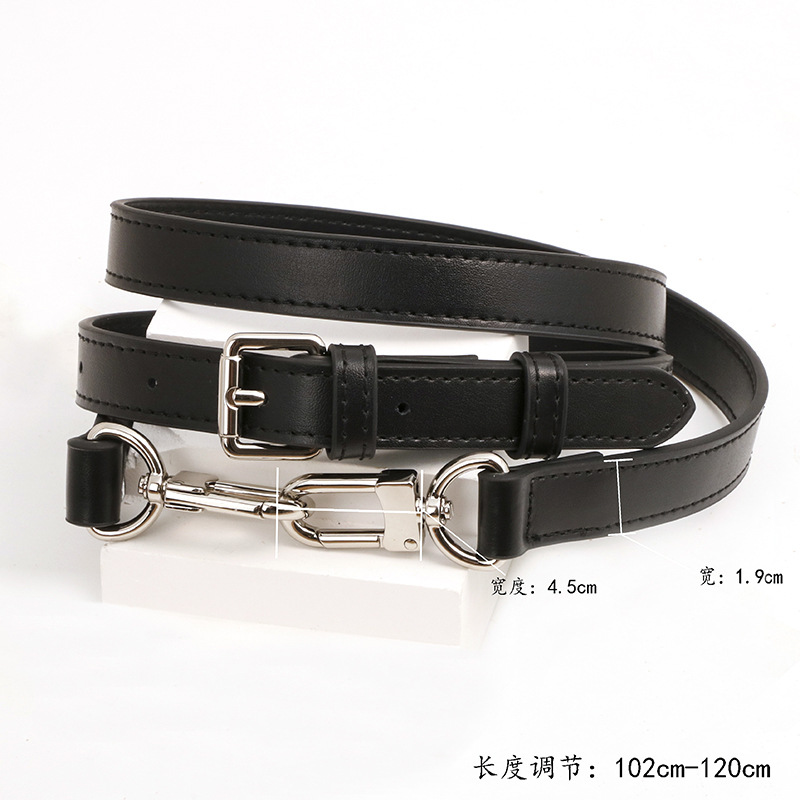 Premium cowhide plain black 1.9cm shoulder strap silver buckle