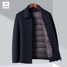 秋冬加厚羊毛大衣男外套中老年行政夹克翻领爸爸装呢内胆鸭绒短款