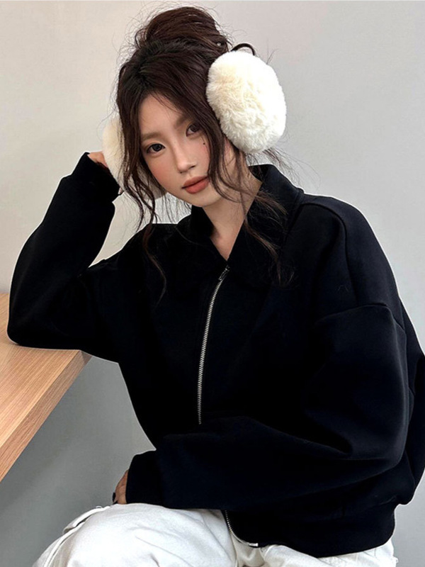 黑色早秋外套韩系氛围感穿搭女2025新款卫衣美式短上衣小个子开衫|undefined