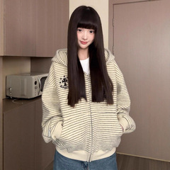 美式独特条纹连帽卫衣女2025新款春秋宽松慵懒风拉链外套ins潮