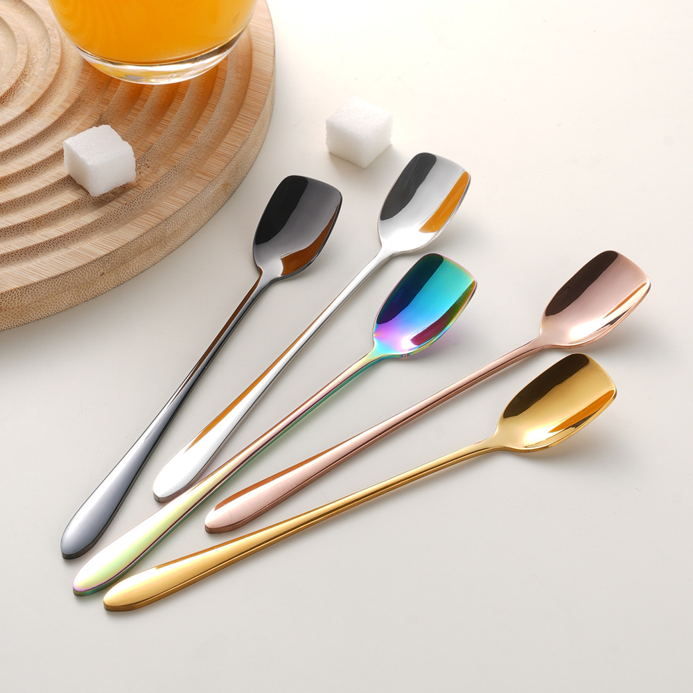 304 Stainless Steel Spoon with High Aesthetic Value, Creative Long Handle for Stirring Coffee, Square Head Ice Spoon, Exclusively for Cross-Border Sales, New Model Long Handle Spoon