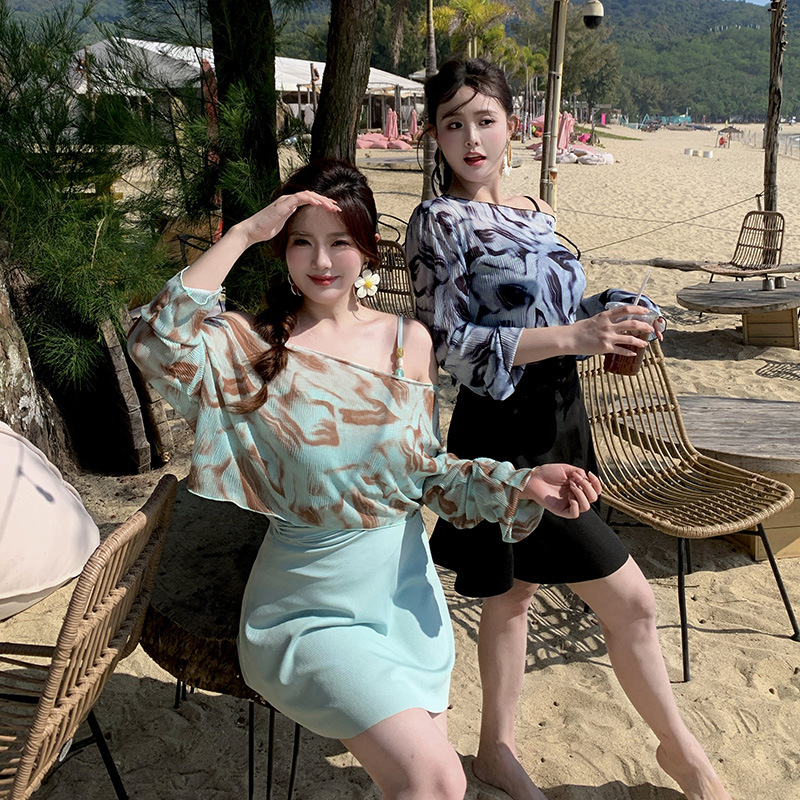 Amazon Plus-Size Women's Swimsuit Off-Shoulder 2025 Two-Piece Tie-Dye Bikini Three-Piece Set for Slightly Chubby Women Long-Sleeve Swimwear