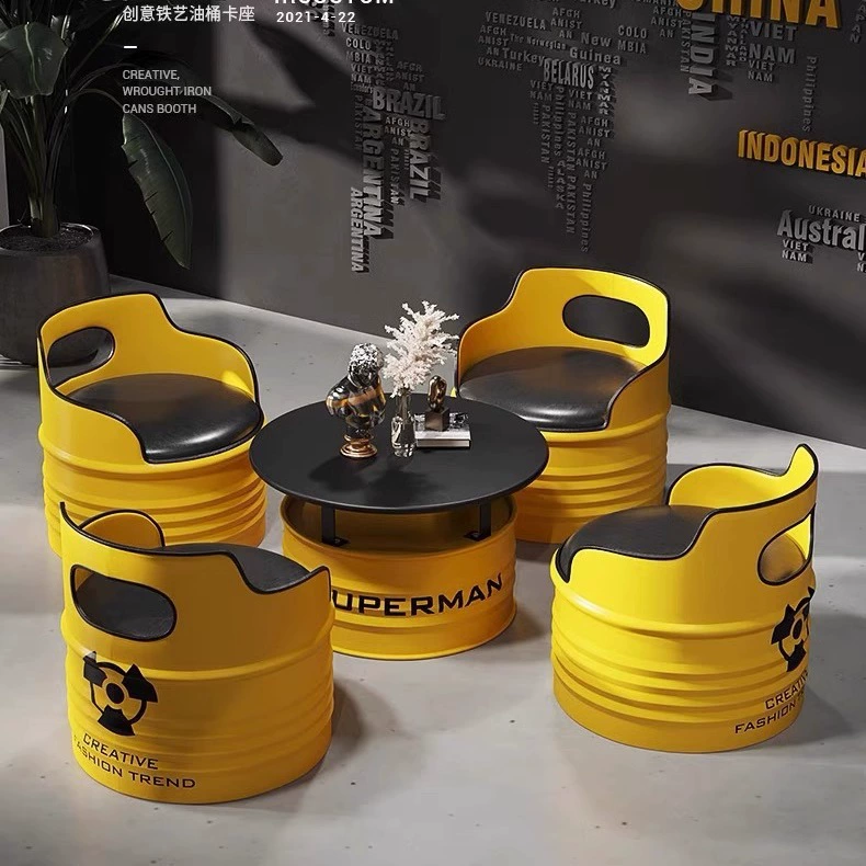 Модный диван-будка для магазина молочного чая, стол и стулья из кованого железа, кафе, зона ресепшн, стол и стулья в индустриальном стиле из масляных бочек для встреч.