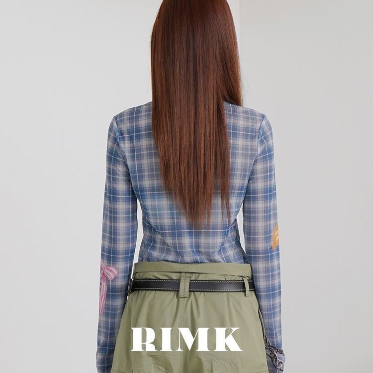 プリント長袖Tシャツレディース秋チェック柄スリムフィットRIMKボトリングシャツ漫画メッシュオリジナル初秋|undefined