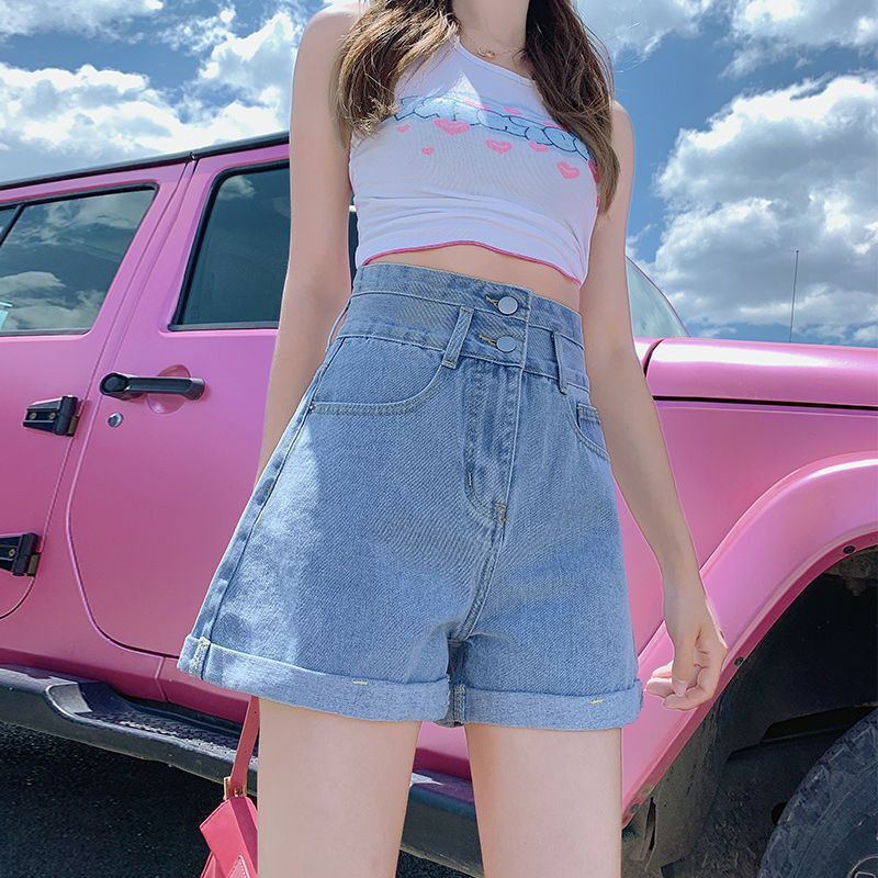 2026 Slimming Korean-Style Blue A-Line Denim Shorts, Personalized and Fashionable Summer Buttoned Wide-Leg Hot Pants for Women