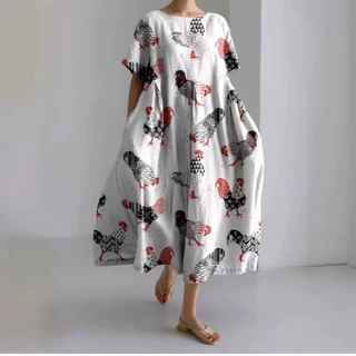 2025新款跨境外贸欧美女装独立站花卉动物Animals圆领短袖连衣裙