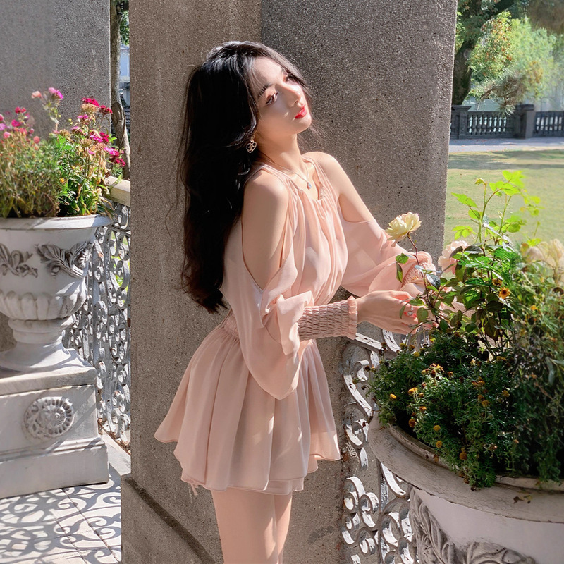 Elegant Long-Sleeve Off-Shoulder Design Chiffon Dress with Puff Sleeves and High-Waisted Shorts Two-Piece Set for Petite Women
