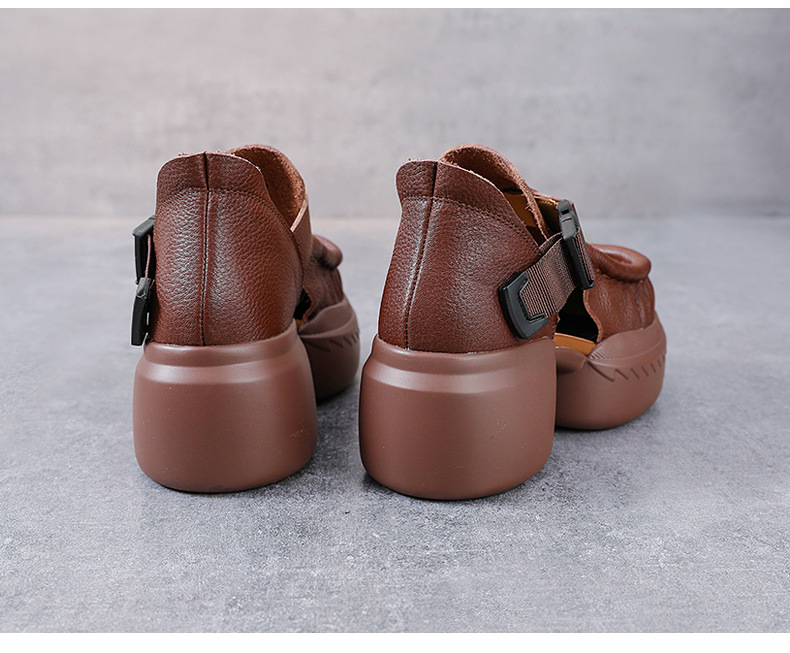 Sandal cao gót nữ quai ngang đế xốp dày da bò thật — Màu nâu chi tiết 15