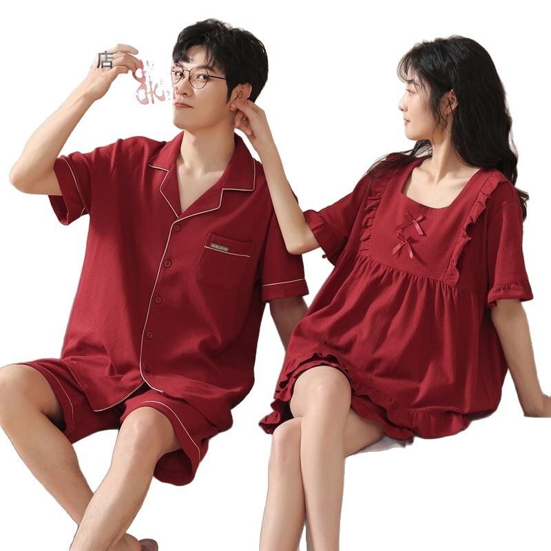 【送料無料】Yalu 新婚夫婦パジャマ 夏 純綿 半袖 薄手 赤 干支年 男女兼用|undefined