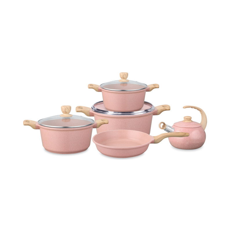 Juego de olla de hervidor de 9 piezas UCCJuego de olla de aluminio fundido a presión olla antiadherente de piedra médica de mármol olla de sopa de fondo compuesto de granito