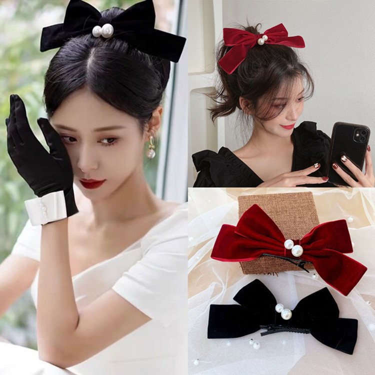2pcs retro black velvet bowknot hairpin French temperamental bride wedding  party headdress photo model photos shooting hair accessories