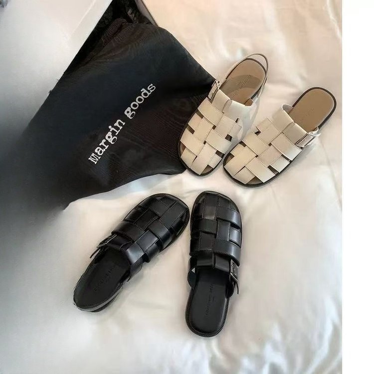 [sheii su] blanda explosión ~ cubierta de cuero real tejido hueco fondo plano sandalias romanas zapatillas de jaula de cerdo