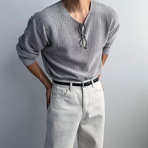 Round collar knitted long-sleeved t-shirt autumn Korean high-end fashion casual all-matching lazy style bottomed shirt trendy men's
