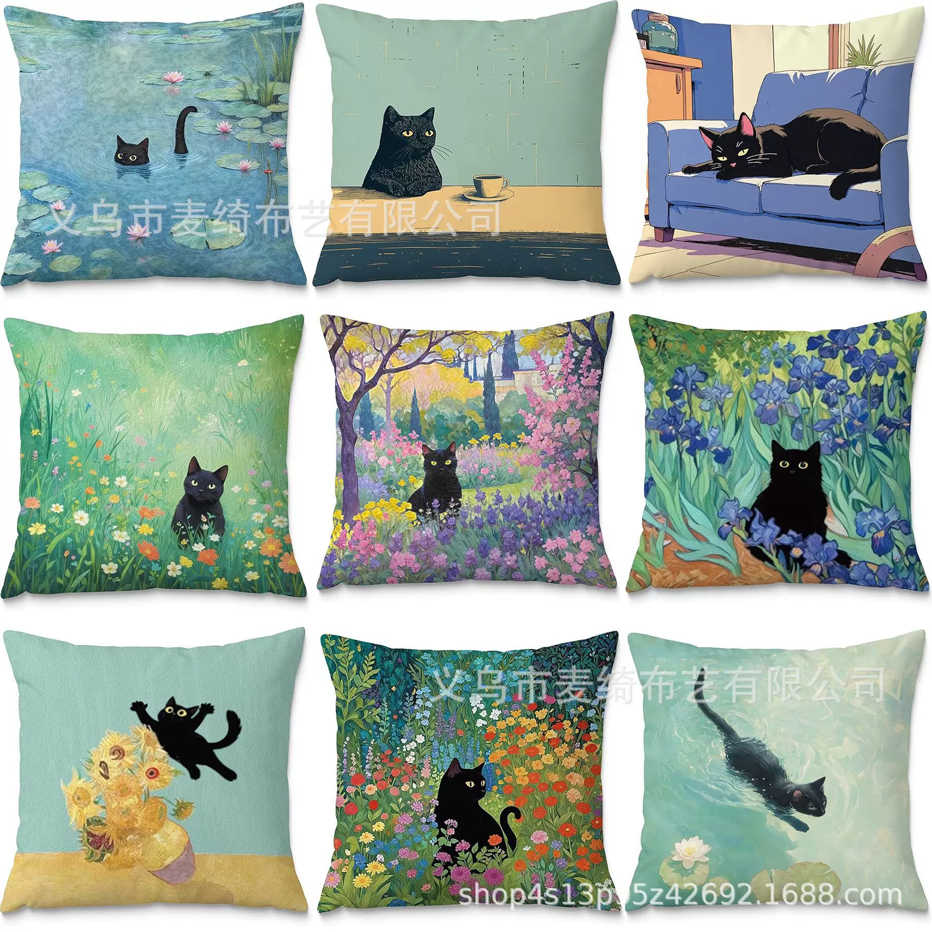 热销可爱卡通猫咪抱枕套亚马逊春夏靠枕套亚麻印花家居装饰沙发靠