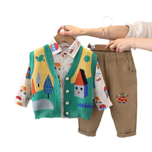 Knitted sweater vest for boys and girls, babies, 2024 new spring and autumn set, house cartoon three-piece set