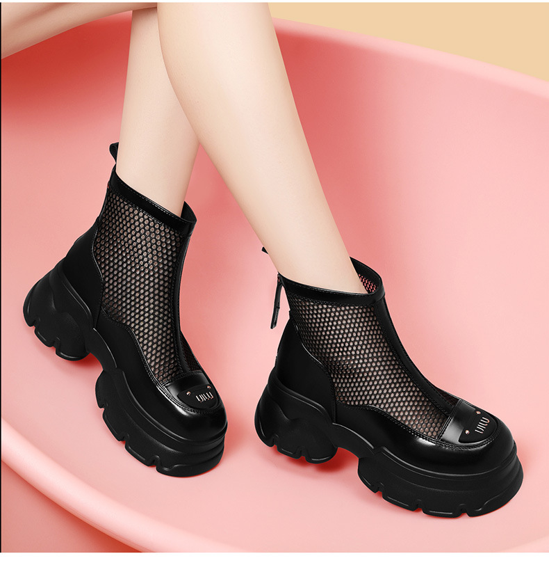 Boot lưới nữ đế dày da mềm thoáng khí mùa hè gót thô — 1855 màu đen chi tiết 9