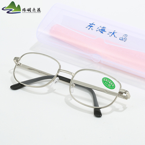 Folk Traditional Crystal Glass Metal Reading Glasses with Large Elliptical Silver Frames and Cases for Elderly Wholesale