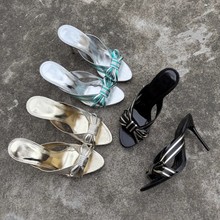 外贸法式气质拼色一字带拖鞋女夏季高级感配裙子蝴蝶结细跟高跟鞋