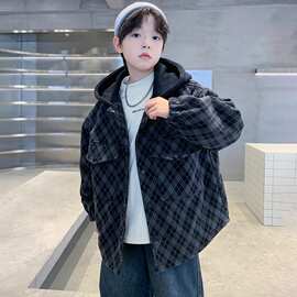 男童夹棉外套秋冬款2025新款男孩加厚连帽中大童冬装洋气儿童棉袄