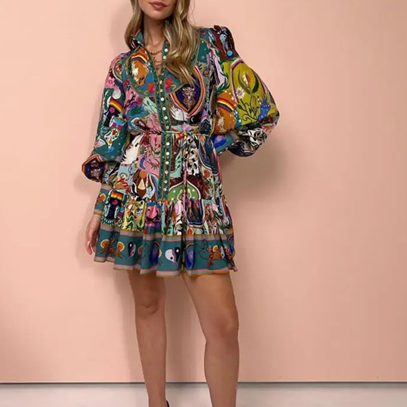 2026 New Spring Women's Clothing, Cross-Border European And American Dresses, Fashionable Loose Strap Ruffle Painted_voghion.com