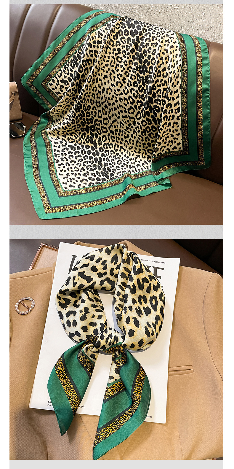 Spring&Summer Season Women's Gender Women's Elegant Business Color Block Leopard Satin Printing Silk Scarf