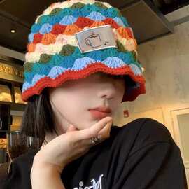 多巴胺菱格针织彩虹渔夫帽女韩版百搭显脸小毛线帽春秋款水桶帽子
