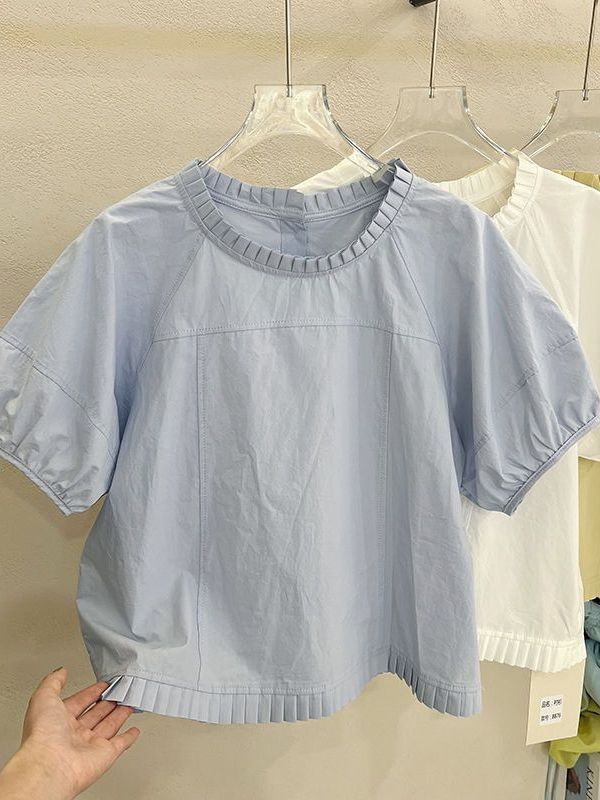 减龄圆领边短袖小衫女2025夏季新款后背扣设计感衬衫别致上衣|undefined