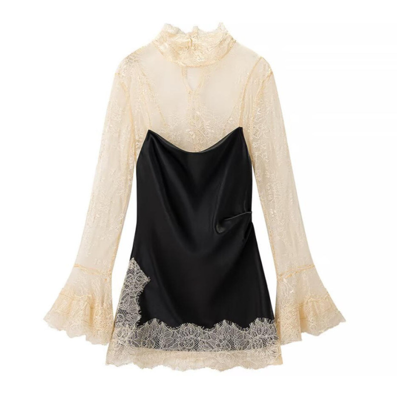 2025 Cross-Border European and American Women's Fashion Aliexpress Hot-Selling Fashion Lace-Lined Black Spaghetti Strap Dress A77-2567