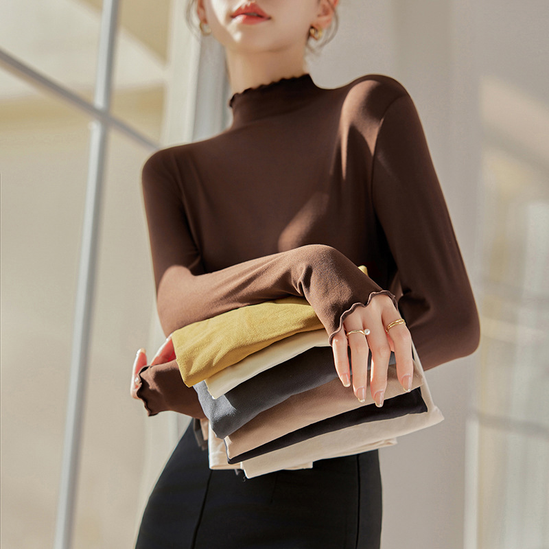 半高领打底衫女2024秋冬木耳边长袖t恤保暖修身洋气内搭圆领上衣