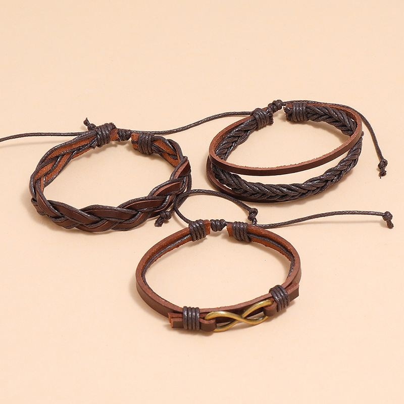 Retro multi-layer braided leather bracelet three-piece set