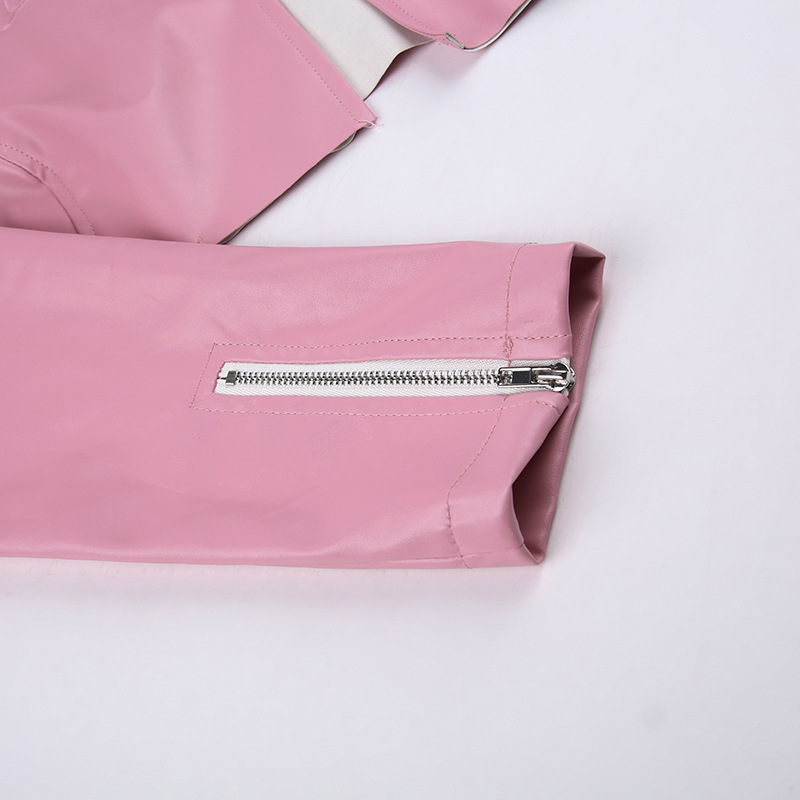 product - wholesale Locomotive Pink Letters Embroidered Faux Leather Jacket Cool Handsome Ultra Short Cuff Zipper Jacket - 13