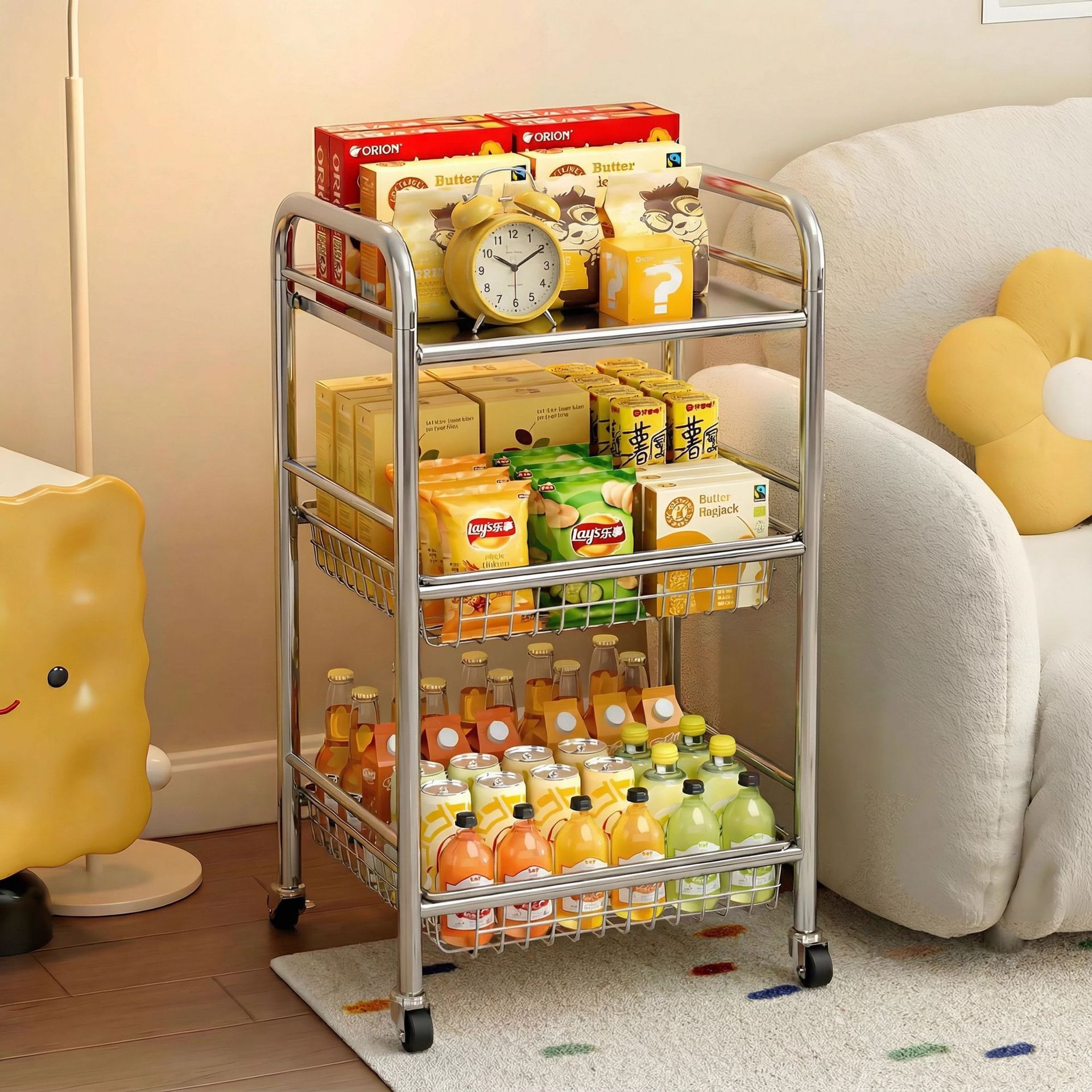 Sala de estar refrigerios estante nuevo carro de acero inoxidable casero de alto valor de superficie piso estante de almacenamiento de frutas multicapa