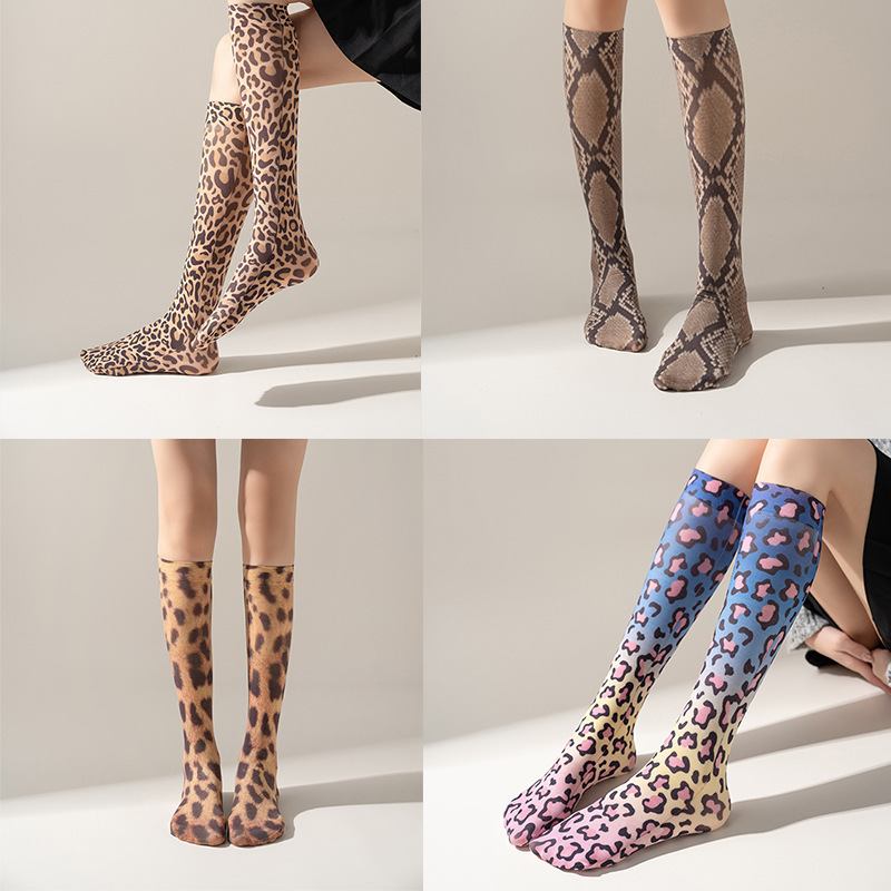 Cross-border Leopard Shoulder Stocking Printed Silk Stockings Mid-length Stocking Fashionable Personalized All-match Leopard Snake Stocking Fans Colorful Socks