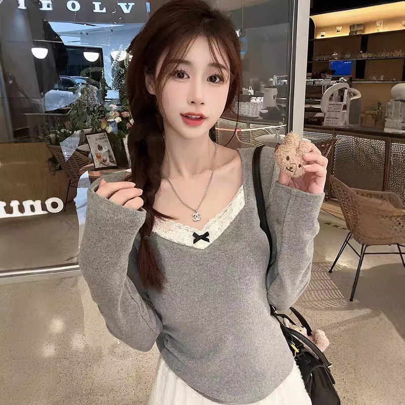 Derong Bottoming Warm Fake Two-Piece Lace Splicing Long-Sleeved Women's Tops Autumn and Winter Slimming Look Bottoming T-Shirt Women's Trbottomy