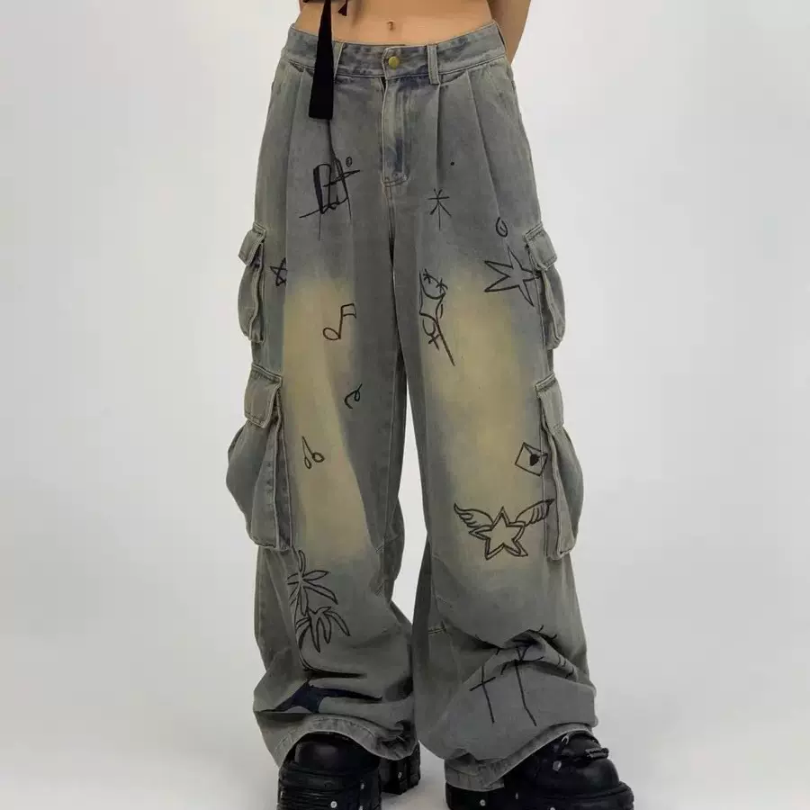 复古美式低腰个性涂鸦卡通y2k小众设计辣妹显瘦阔腿牛仔裤女新款
