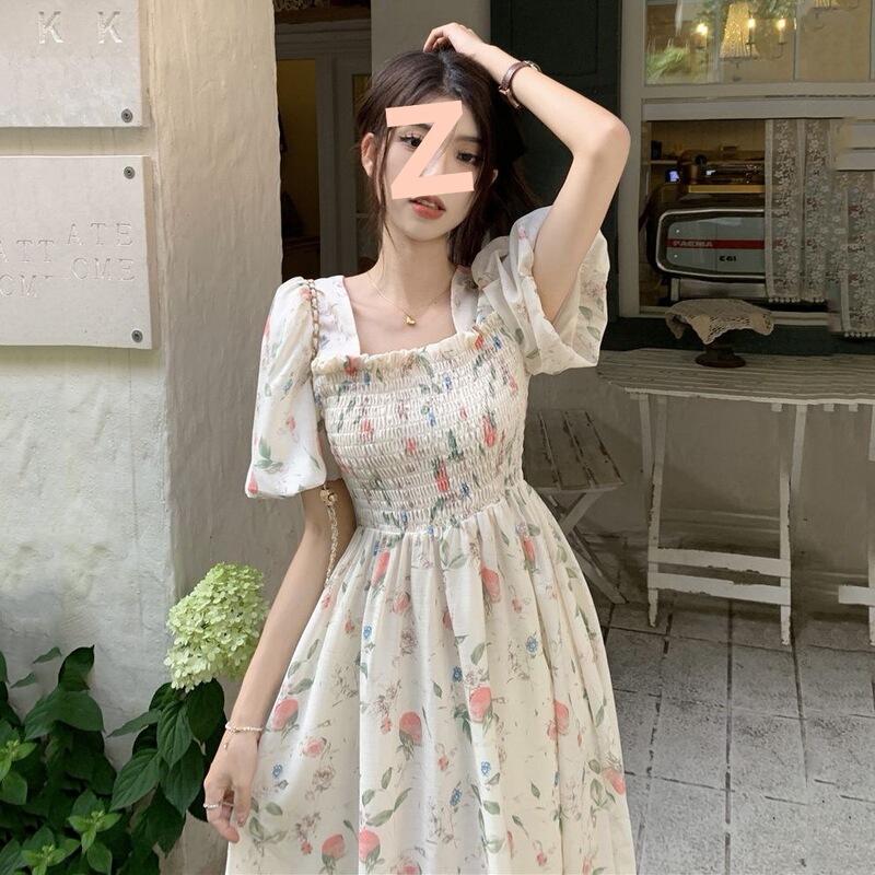 Summer Sweet Square Neck Floral Dress for Female Students, Gentle Style, Waist Slimming Look, Mid-Length A-Line Skirt
