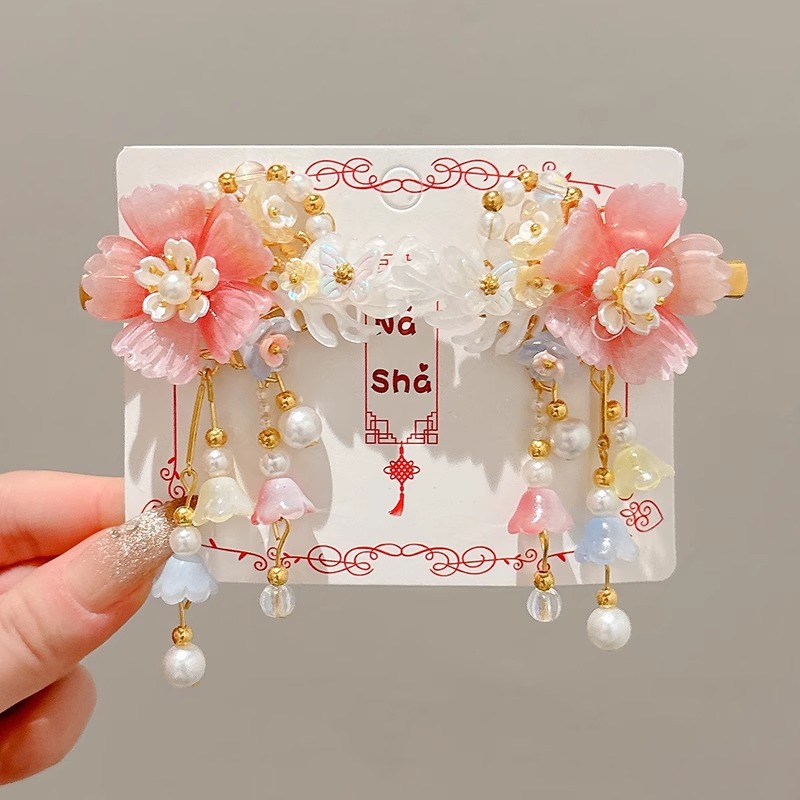 Niños flores de perlas para el cabello de mujeres estilo antiguo estilo Han toque de cabello de niña super inmortal estilo nacional tarjeta de cabello de niña pequeña para el cabello de clips