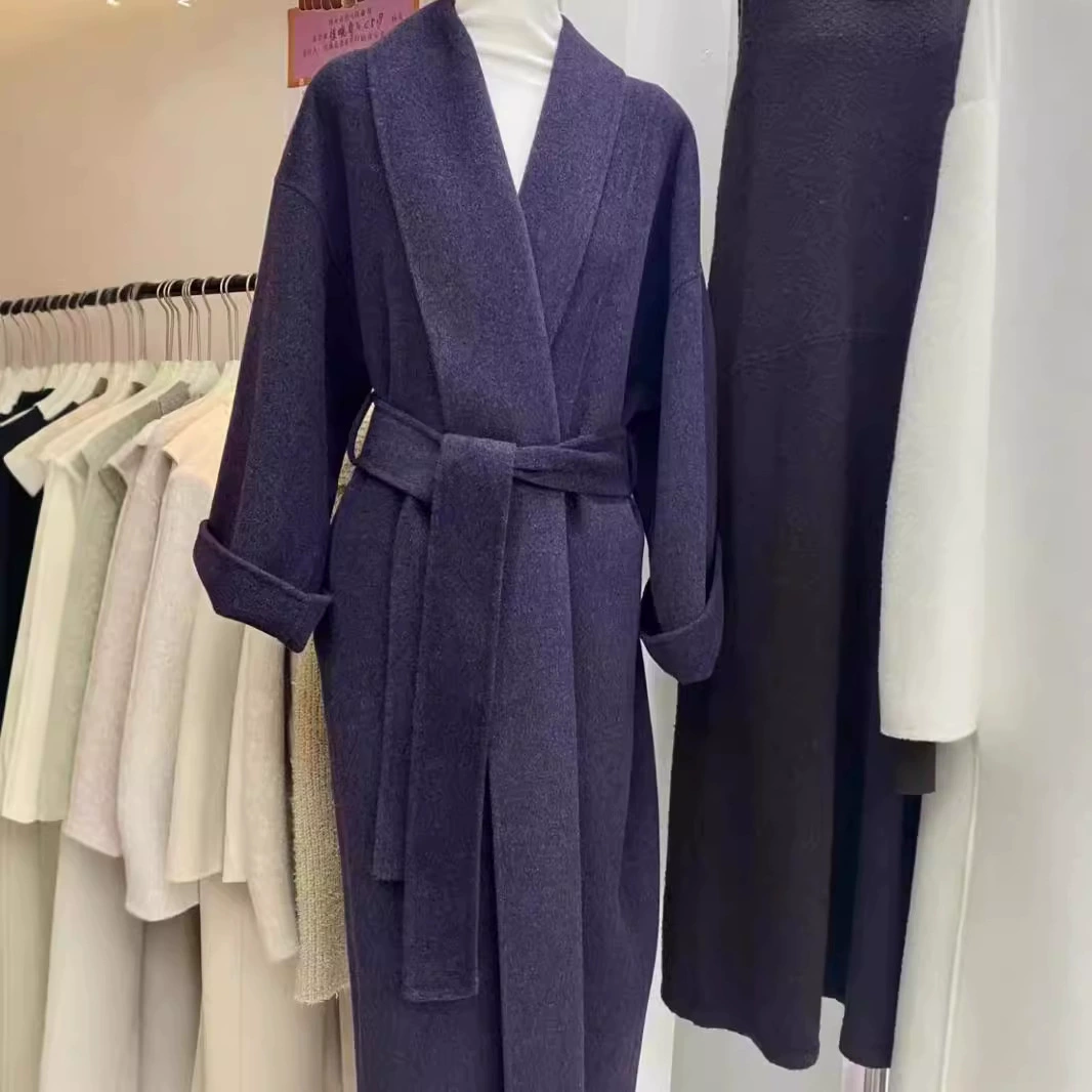 Новый женский длинный пальто-халат из двусторонней овечьей шерсти с поясом, осенне-зимняя коллекция 2024, в атмосферном корейском стиле, фиолетовый