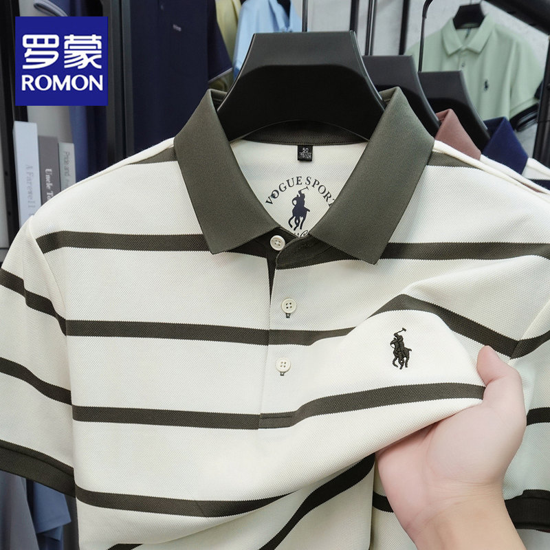 Romon's New Summer Men's Cotton Short-Sleeved T-Shirt, Middle-Aged Lapel Business Casual Polo Shirt, Striped Top Romon's New Summer Men's Cotton Short-Sleeved T-Shirt, Middle-Aged Lapel Business Casual Polo Shirt, Striped Top
