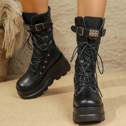 New wedge-style European and American plus-size dark-colored versatile chic punk-style chunky-sole personalized fashion boots