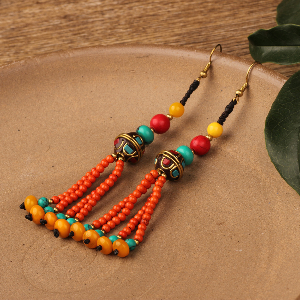 12g Weight Copper Ear Needle Material Drop Earrings Classification 1 Pair Quantity Holiday, Daily Occasion Beaded, Copper Material Geometric Pattern All Seasons Season Women's Gender Bohemian Style 1 Pair Bohemian Geometric Beaded Copper Drop Earrings 10