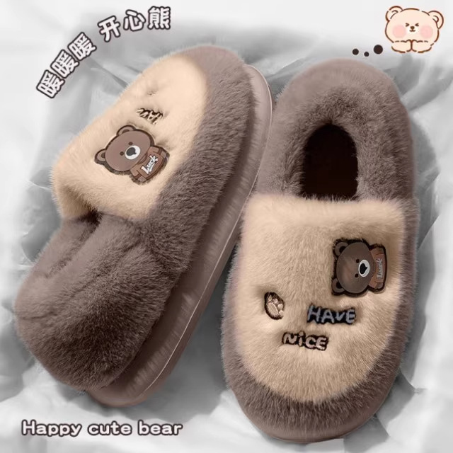 Zapatillas de algodón para mujeres invierno 2025 nuevo estilo interior de dibujos animados antideslizantes peluche de algodón de fondo grueso invierno