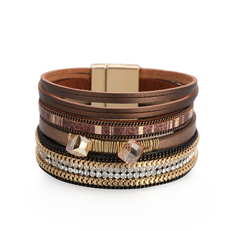 Bohemian Leather Diamond-studded Wide-sided Bracelet display picture 21